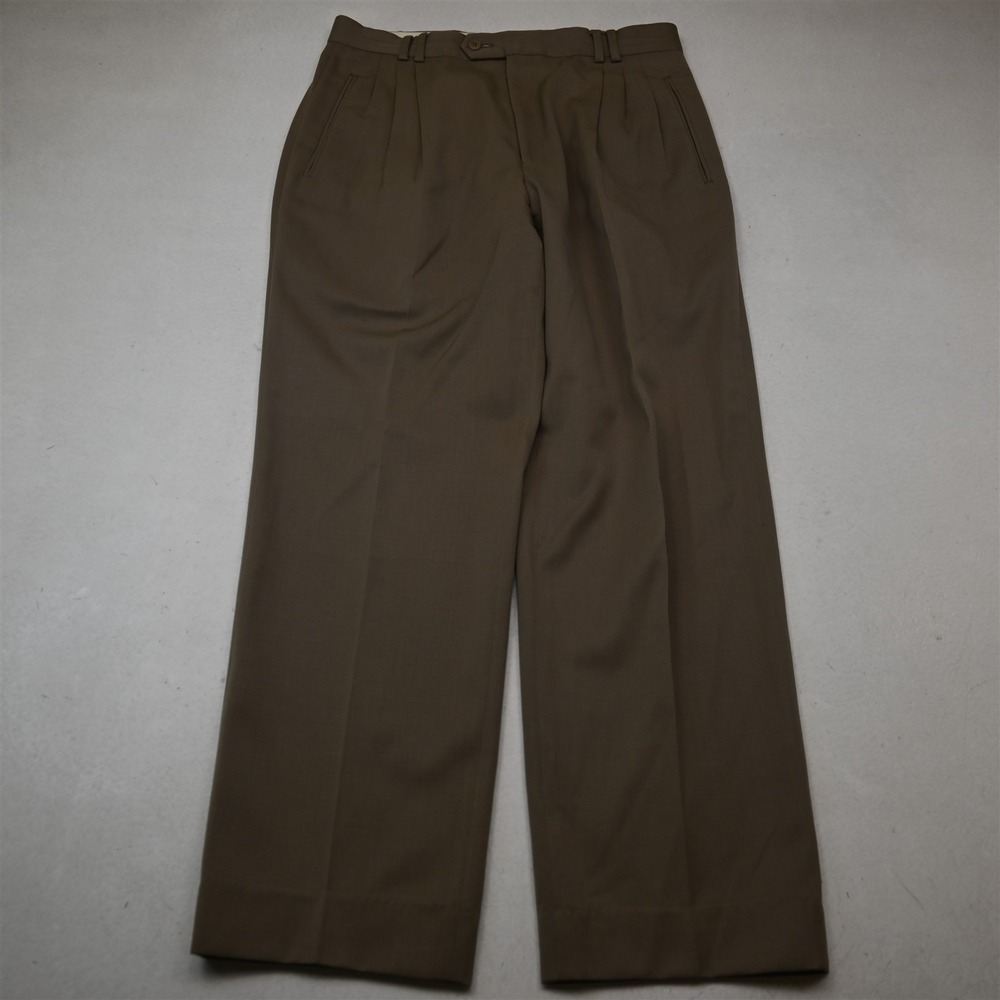 Vtg Y2K 2000s 32x30 Khaki 100% Wool High Waist Pleated Baggy Dress Mens Pants
